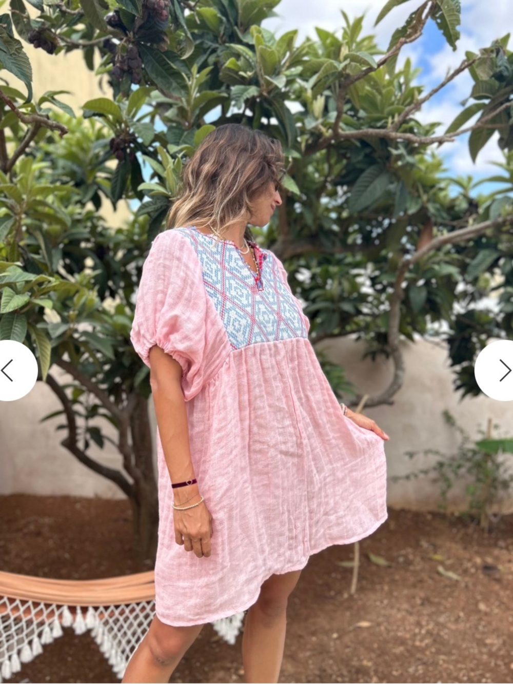 Nina Leuca Pink Embroidered Linen Gauze Mini Dress